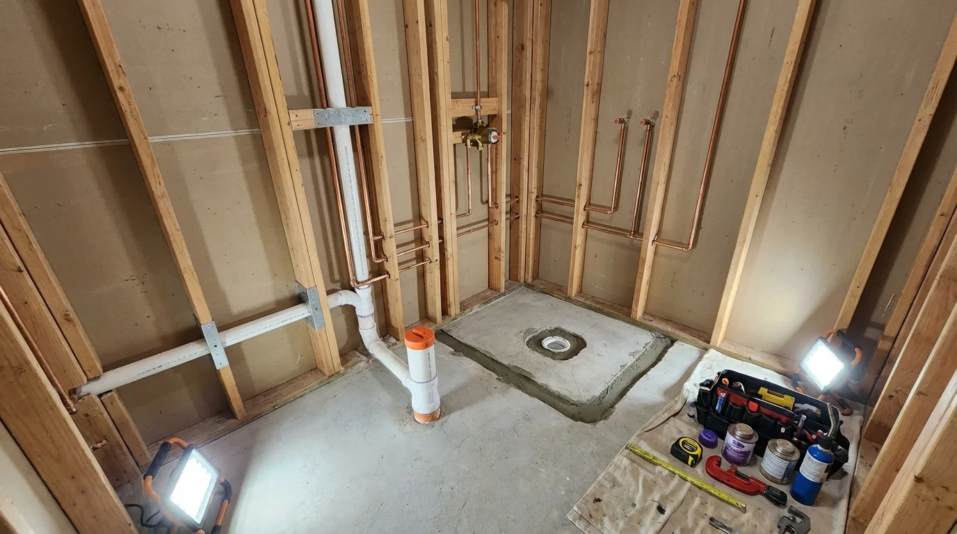 Bathroom rough-in plumbing during remodel by Johns Plumbing LLC in Wartburg