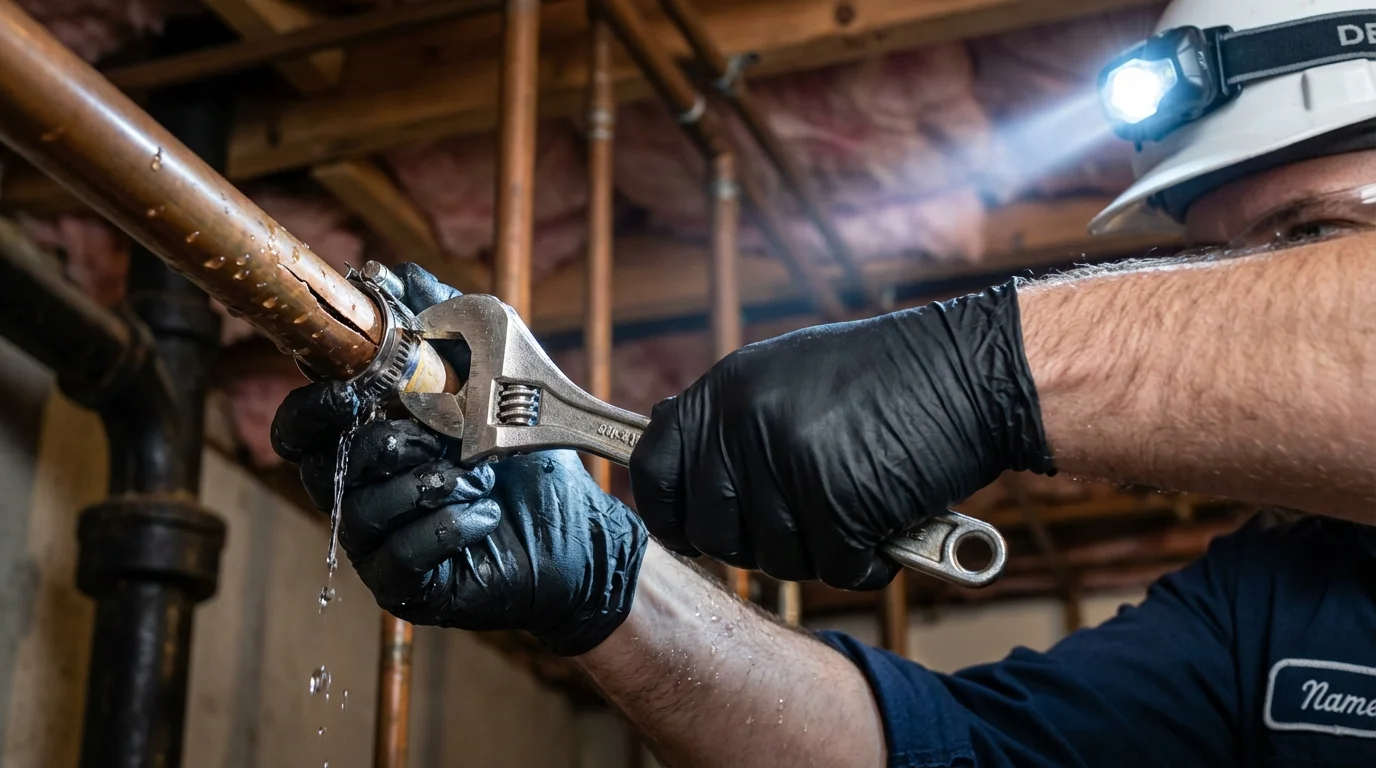 Emergency pipe clamp repair being performed by a Johns Plumbing LLC plumber in Wartburg