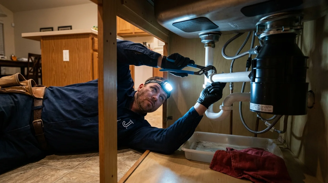 P-trap and supply line connections under a kitchen sink showing a common leak point in Wartburg, TN